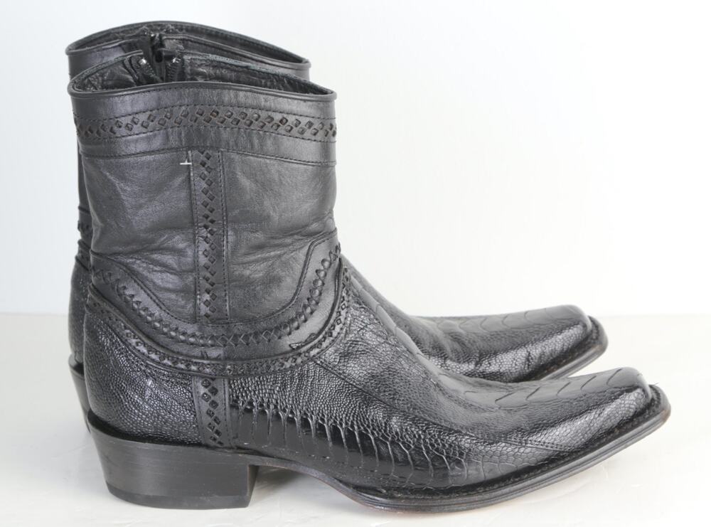 LOS ALTOS Black Exotic Ostrich Leg Leather Western Ankle Zip Boots Size 10 EE